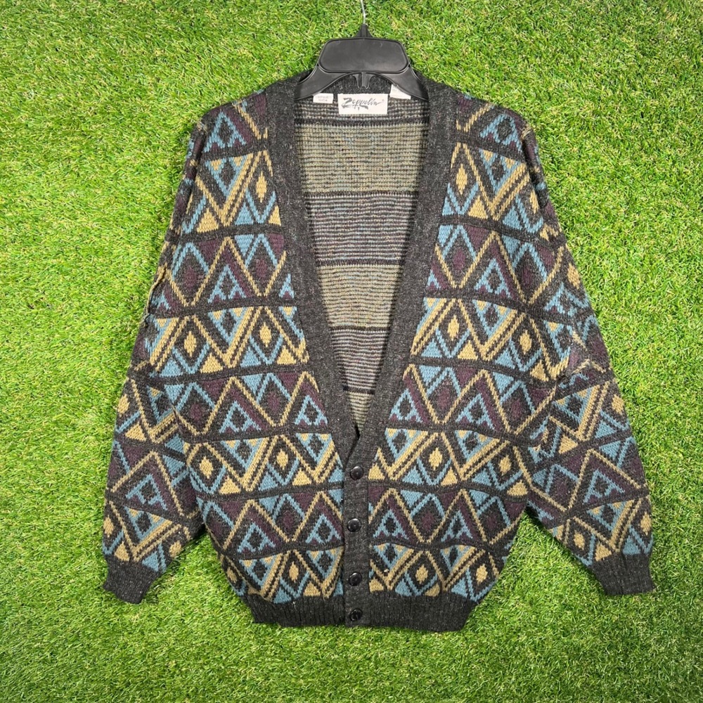 Vintage Zeppelin Mens‎ Cardigan Sweater Medium Geometric Knit Grey Teal